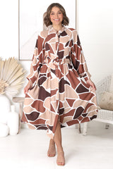 Baden Midi Dress - Mandarin Collar Button Down Dress in Abstract Chocco Print