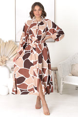 Baden Midi Dress - Mandarin Collar Button Down Dress in Abstract Chocco Print