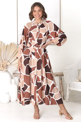 Baden Midi Dress - Mandarin Collar Button Down Dress in Abstract Chocco Print