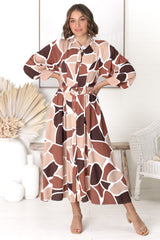 Baden Midi Dress - Mandarin Collar Button Down Dress in Abstract Chocco Print