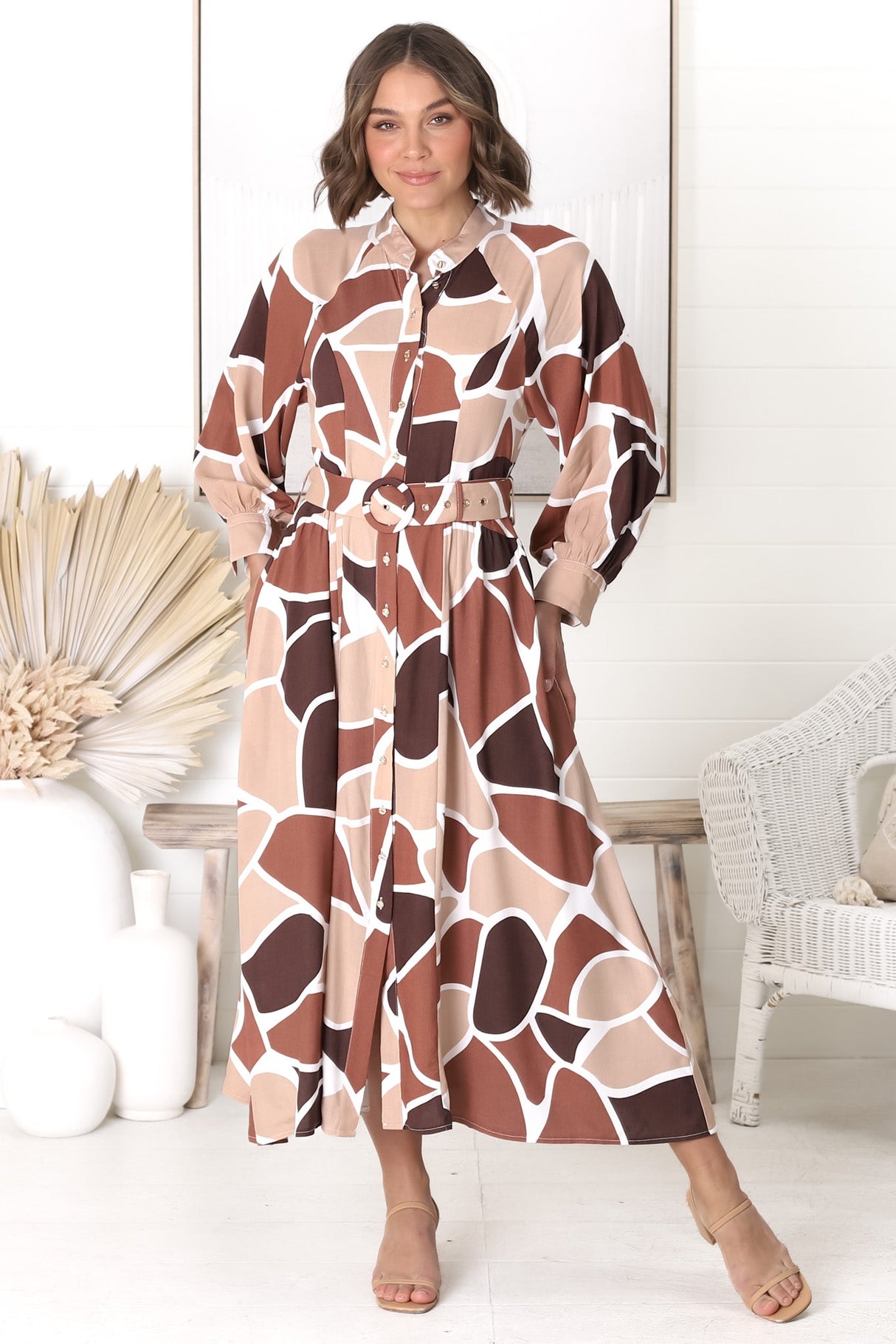 Baden Midi Dress - Mandarin Collar Button Down Dress in Abstract Chocco Print