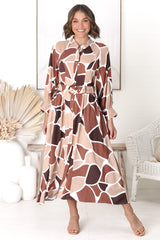 Baden Midi Dress - Mandarin Collar Button Down Dress in Abstract Chocco Print