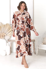 Baden Midi Dress - Mandarin Collar Button Down Dress in Abstract Chocco Print