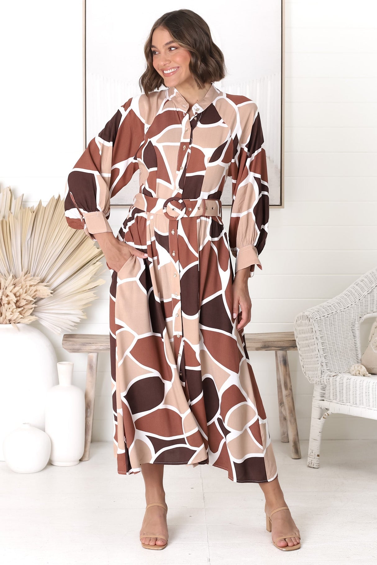 Baden Midi Dress - Mandarin Collar Button Down Dress in Abstract Chocco Print