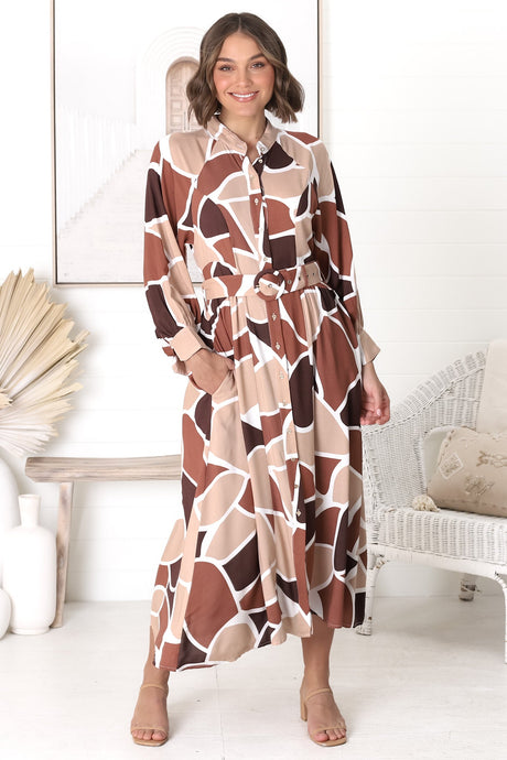 Baden Midi Dress - Mandarin Collar Button Down Dress in Abstract Chocco Print