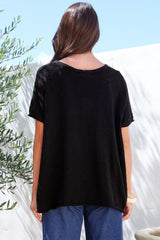 Baha Knit Top - Relaxed V Neck Cotton Knit with Short Sleeves in Black