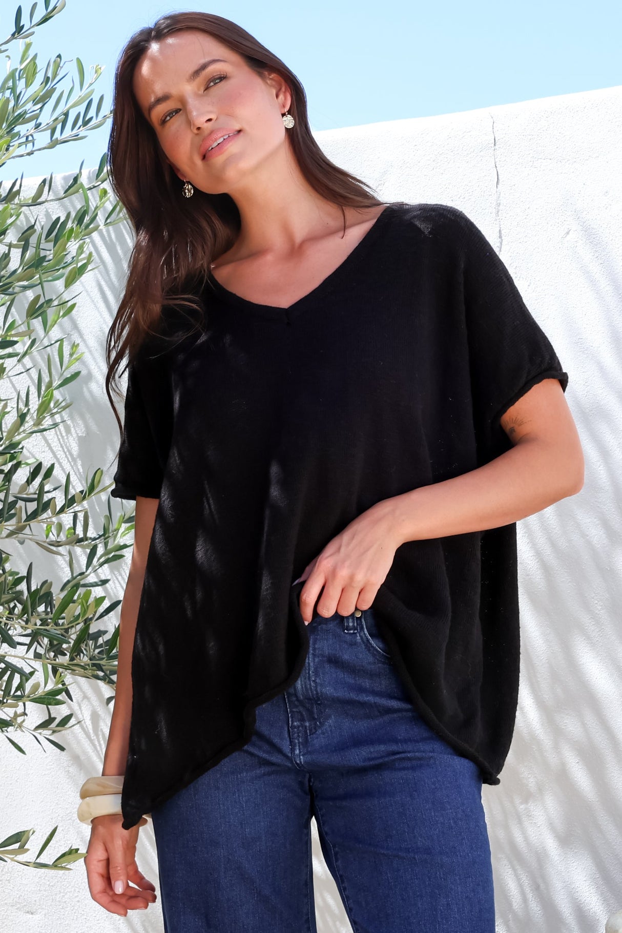 Model wearing Baha Knit Top in Black from Salty Crush