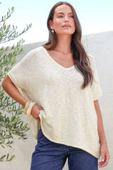 Baha Knit Top - Relaxed V Neck Cotton Knit with Short Sleeves in White