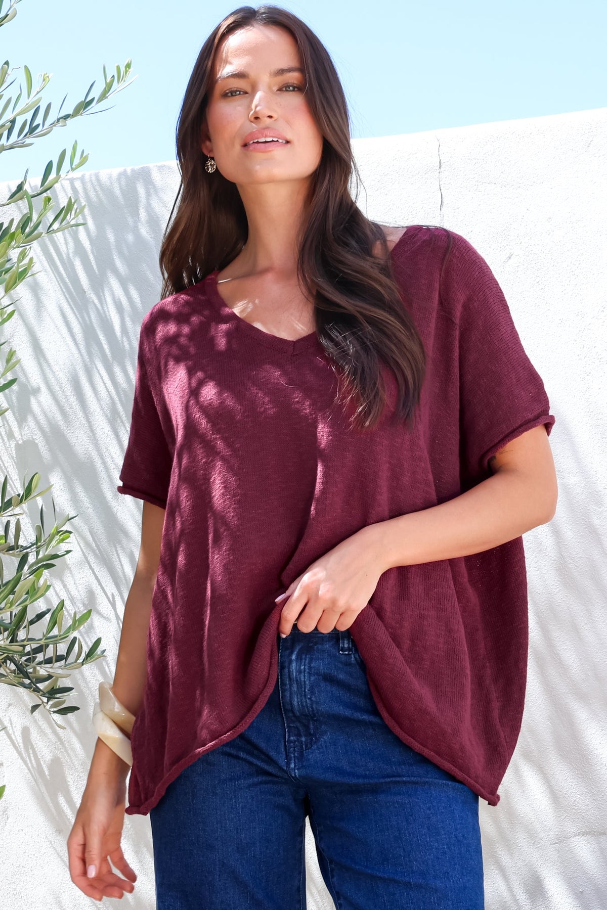 Baha Knit Top Relaxed V Neck Cotton Knit Short Sleeves