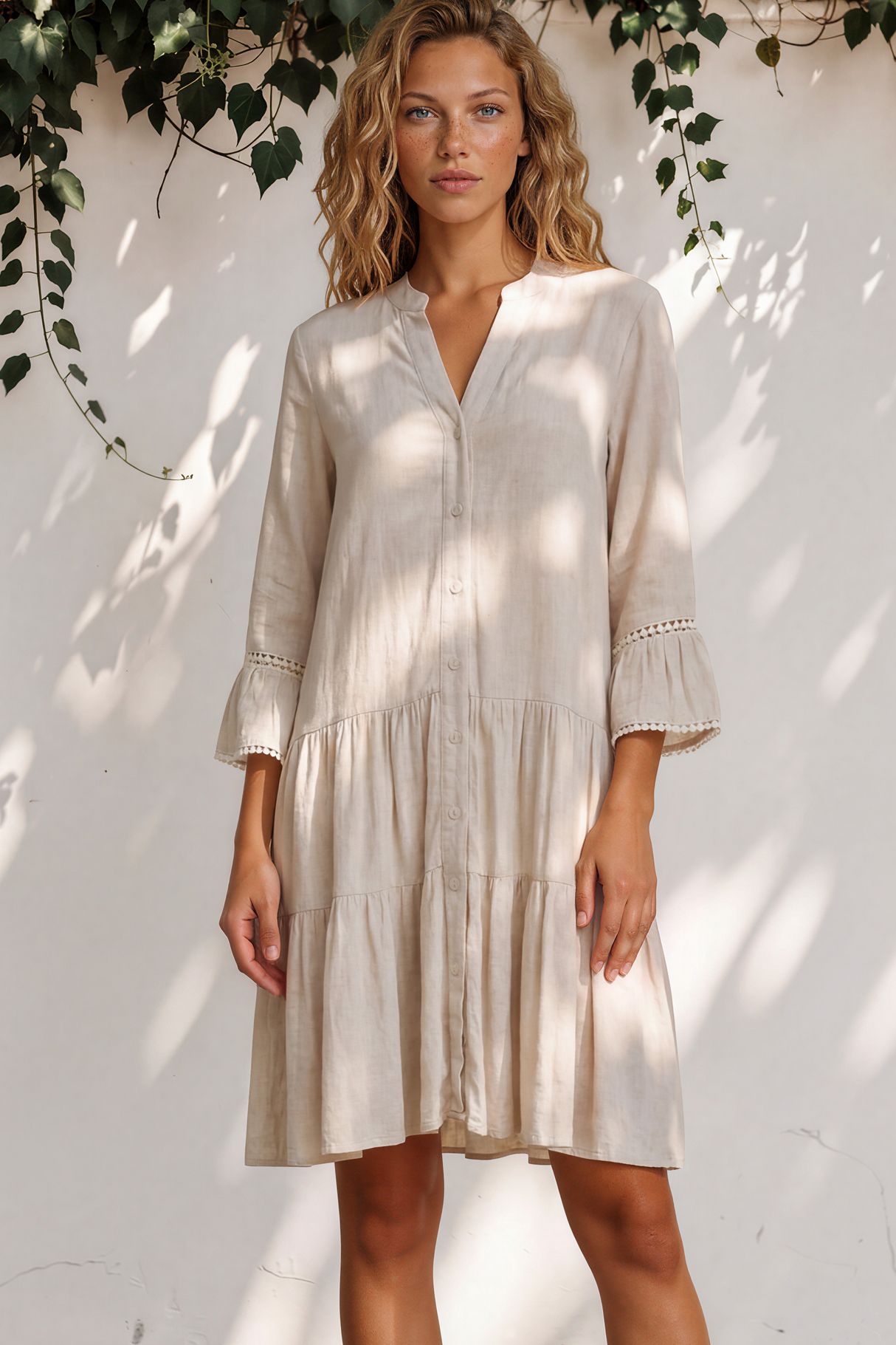 Woman wearing a light-colored dress standing against a white wall with greenery.