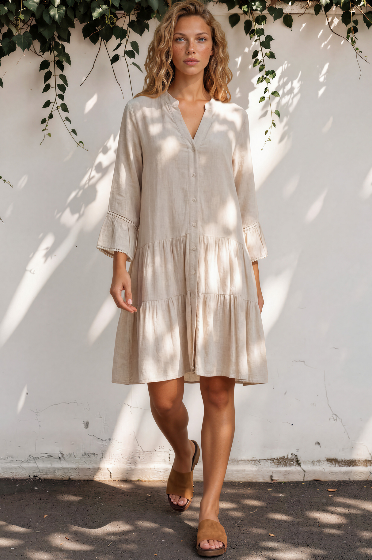 Woman wearing a beige dress standing against a white wall with greenery.