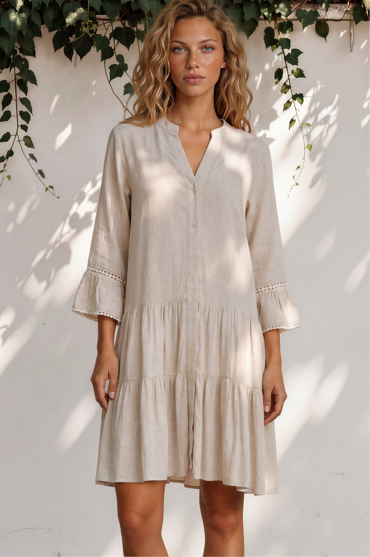 Woman wearing a beige dress standing against a white wall with greenery.