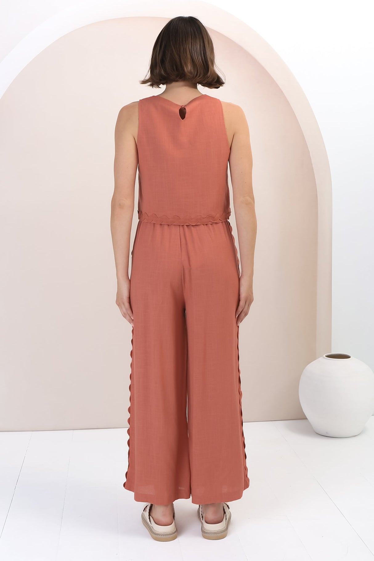 Bailie Linen Set - Boxy Top and Pant Set with Rick Rack Detailing in Guava