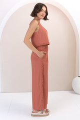 Bailie Linen Set - Boxy Top and Pant Set with Rick Rack Detailing in Guava