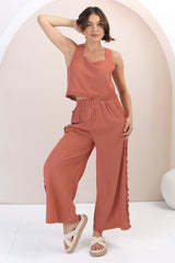 Bailie Linen Set - Boxy Top and Pant Set with Rick Rack Detailing in Guava