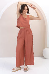 Bailie Linen Set - Boxy Top and Pant Set with Rick Rack Detailing in Guava