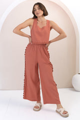 Bailie Linen Set - Boxy Top and Pant Set with Rick Rack Detailing in Guava