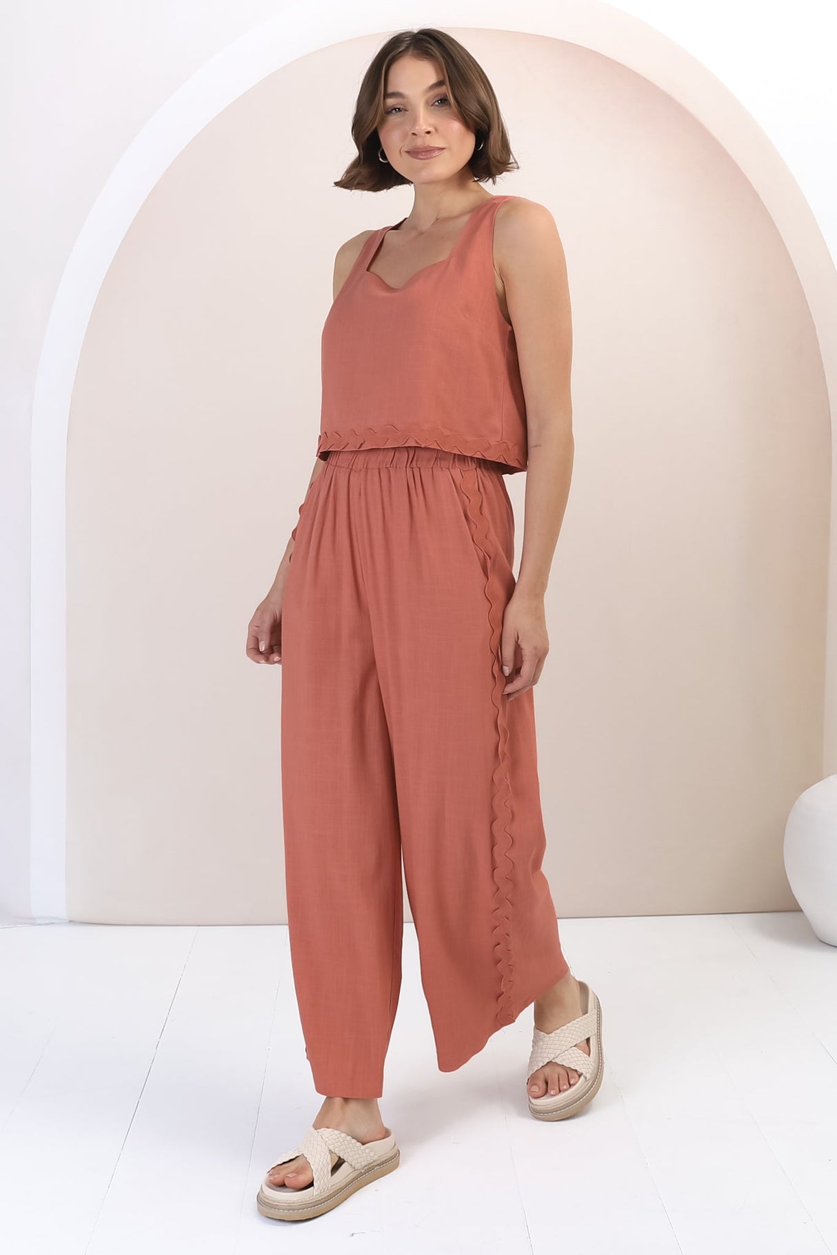 Bailie Linen Set - Boxy Top and Pant Set with Rick Rack Detailing in Guava