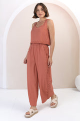 Bailie Linen Set - Boxy Top and Pant Set with Rick Rack Detailing in Guava