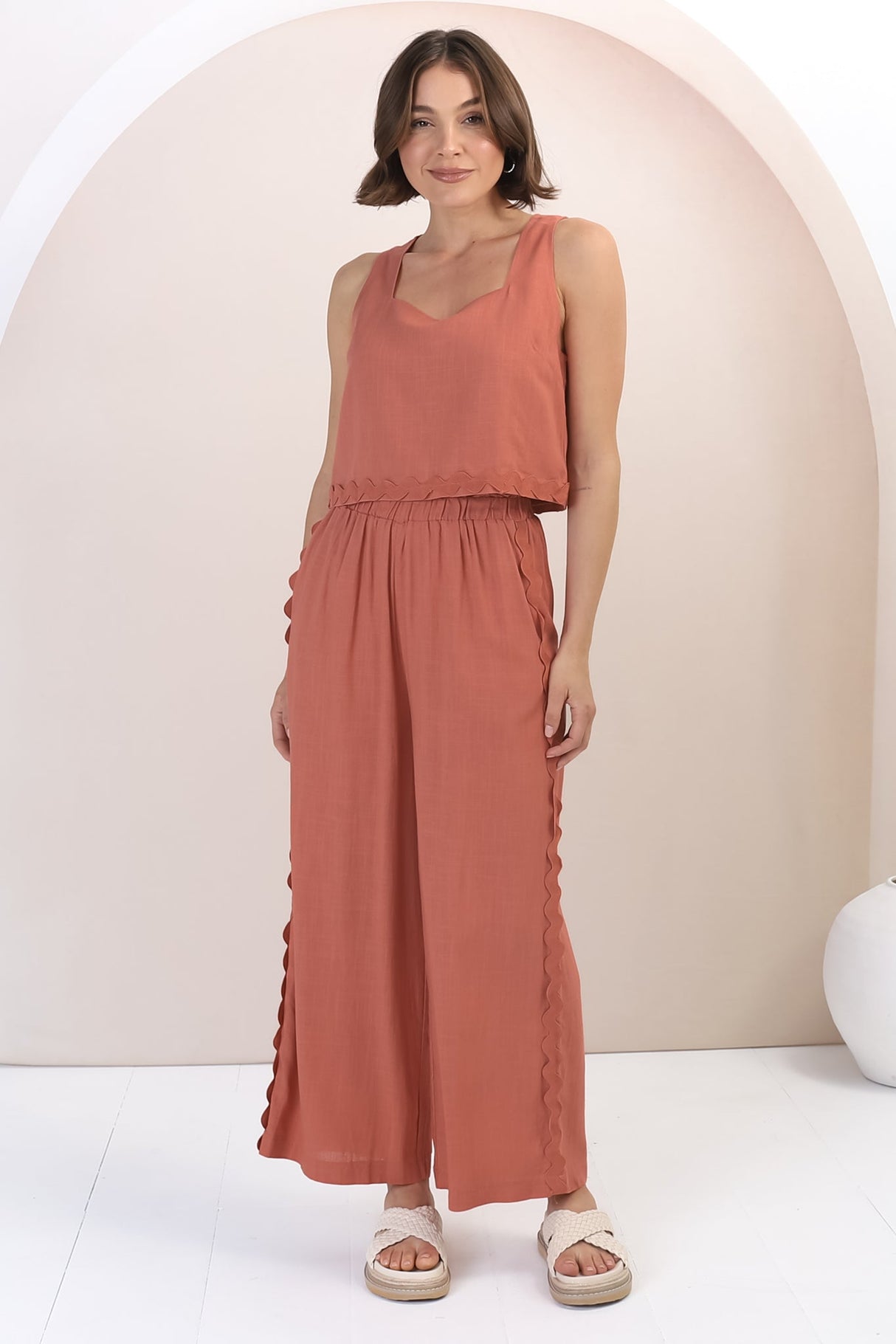 Bailie Linen Set - Boxy Top and Pant Set with Rick Rack Detailing in Guava