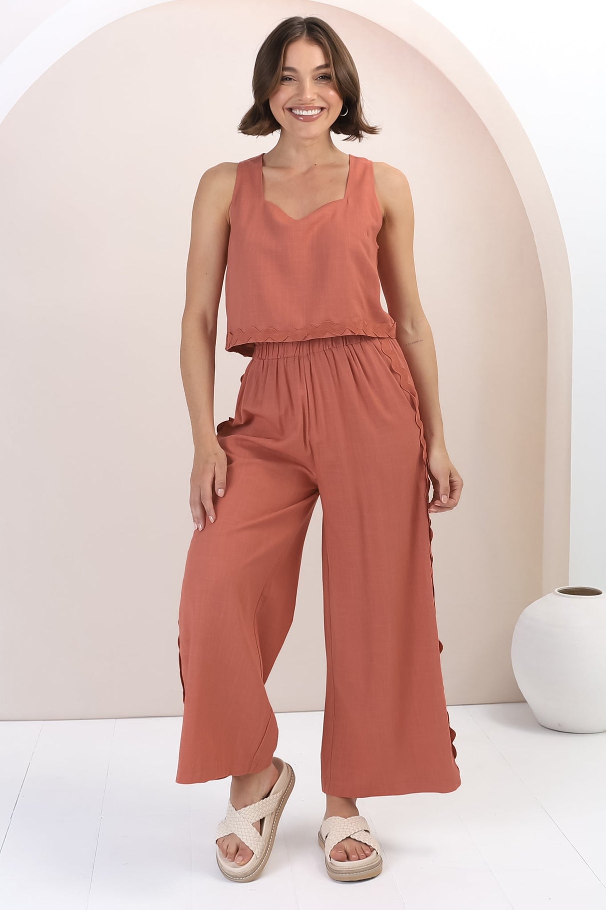 Bailie Linen Set - Boxy Top and Pant Set with Rick Rack Detailing in Guava