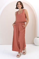 Bailie Linen Set - Boxy Top and Pant Set with Rick Rack Detailing in Guava