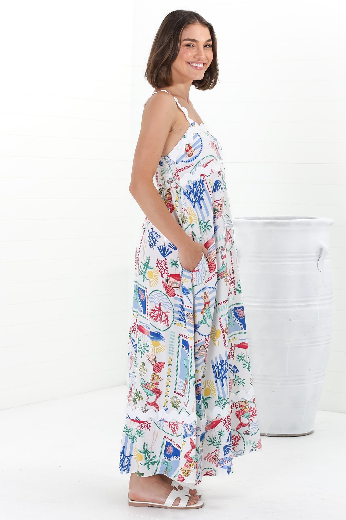 Bailie Maxi Dress - Rick Rack Detailed Sun Dress with Pockets in Positano Print