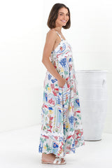 Bailie Maxi Dress - Rick Rack Detailed Sun Dress with Pockets in Positano Print