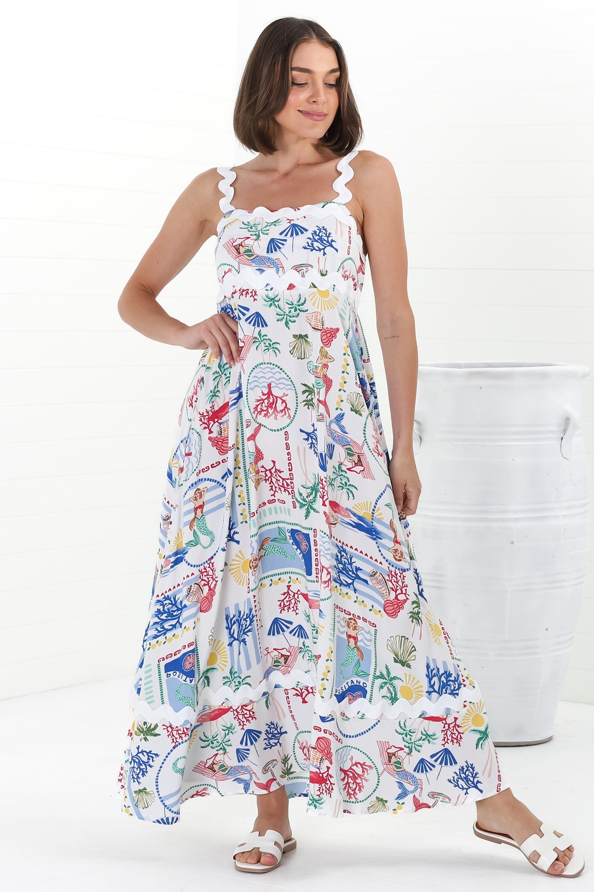 Bailie Maxi Dress - Rick Rack Detailed Sun Dress with Pockets in Positano Print