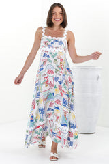 Bailie Maxi Dress - Rick Rack Detailed Sun Dress with Pockets in Positano Print