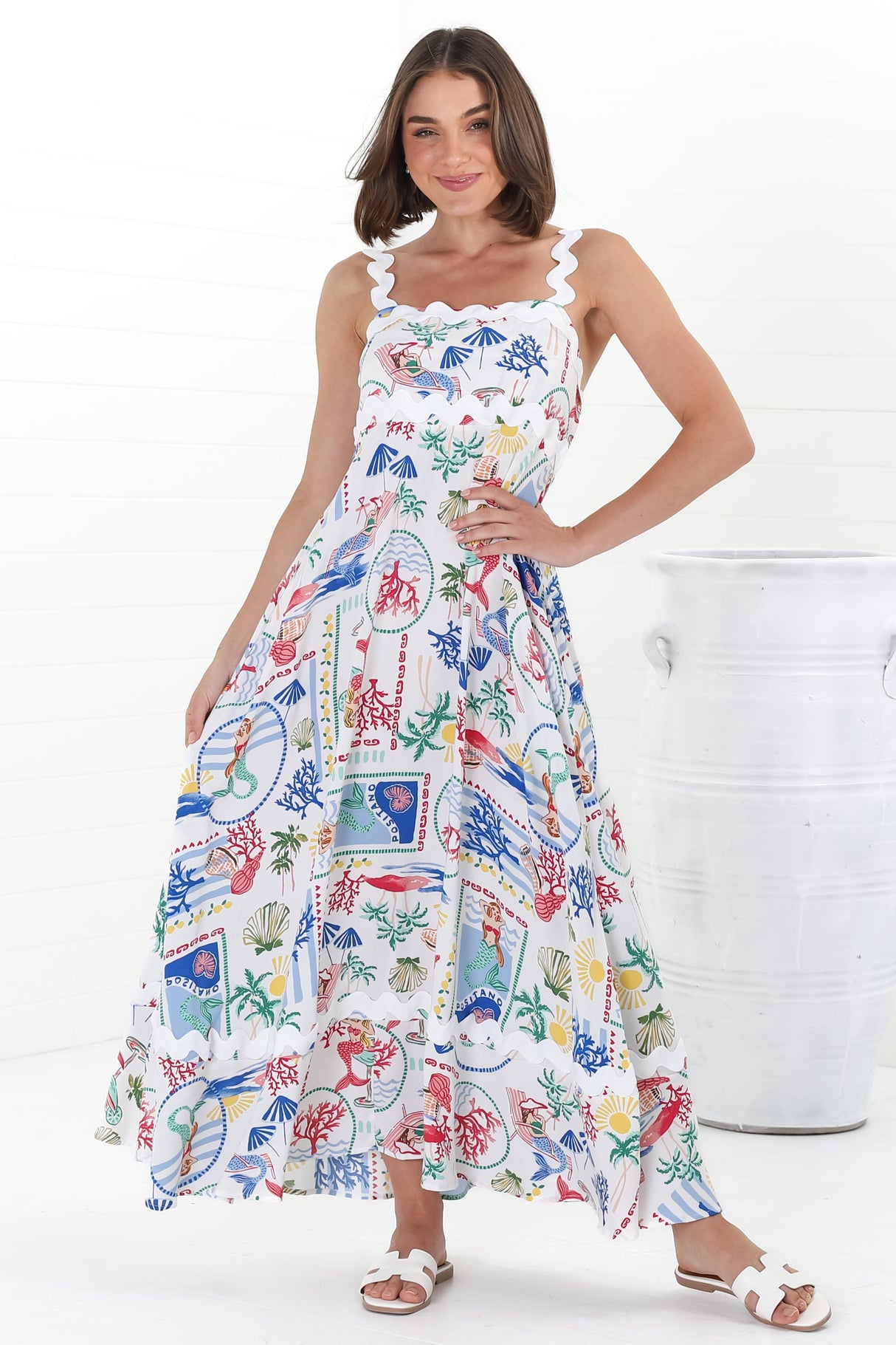 Bailie Maxi Dress - Rick Rack Detailed Sun Dress with Pockets in Positano Print