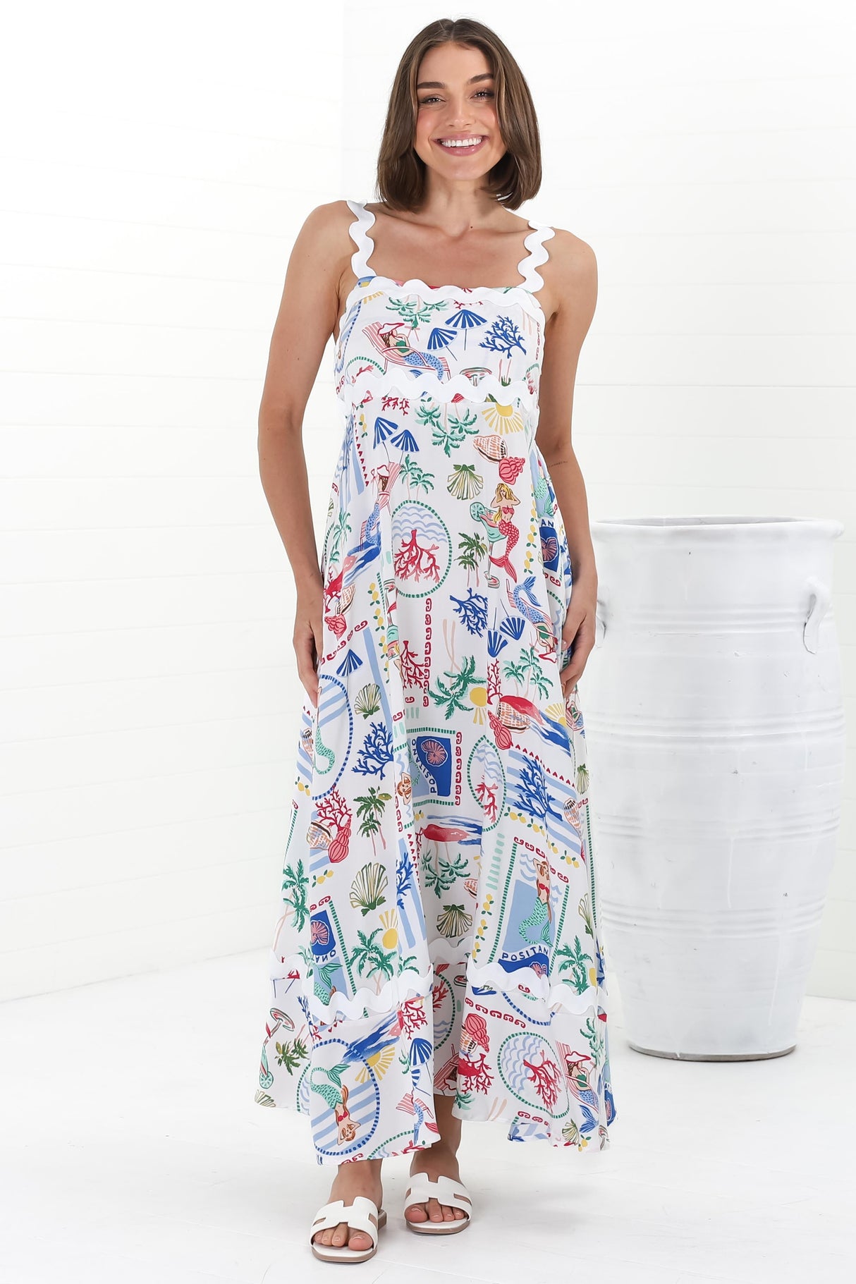 Bailie Maxi Dress - Rick Rack Detailed Sun Dress with Pockets in Positano Print