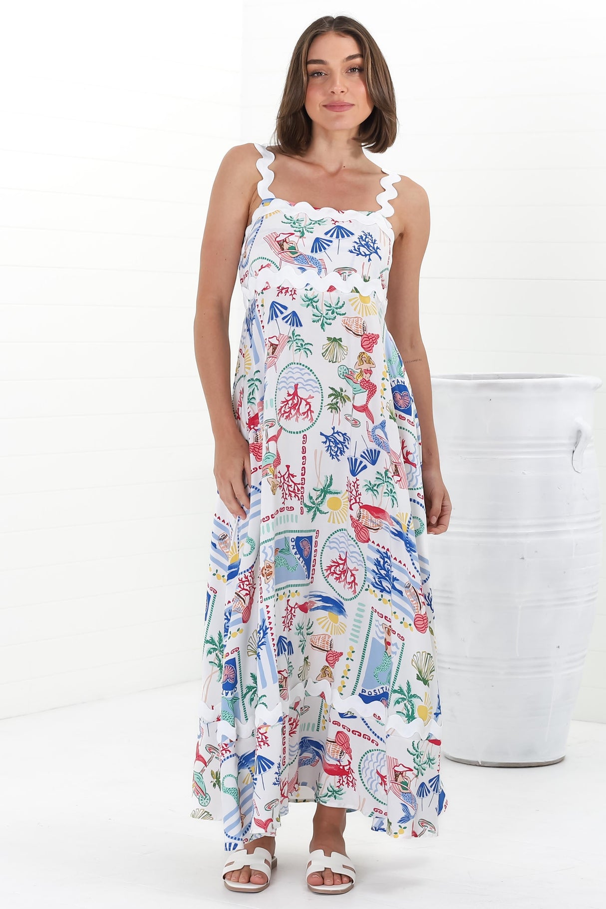 Bailie Maxi Dress - Rick Rack Detailed Sun Dress with Pockets in Positano Print