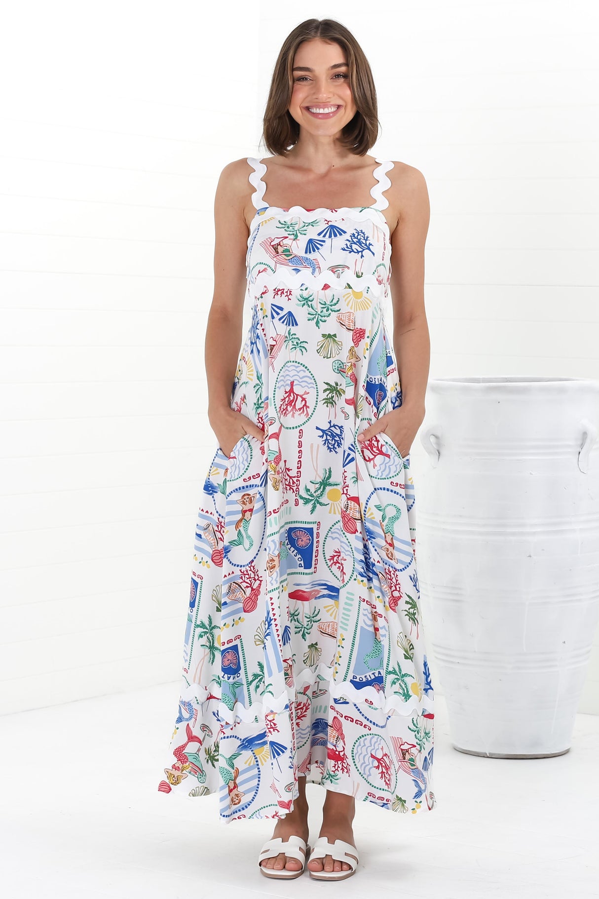 Bailie Maxi Dress - Rick Rack Detailed Sun Dress with Pockets in Positano Print