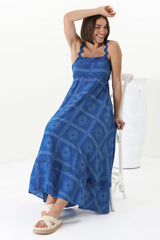 Bailie Maxi Dress - Rick Rack Detailed Sun Dress with Pockets Astra Print in Blue