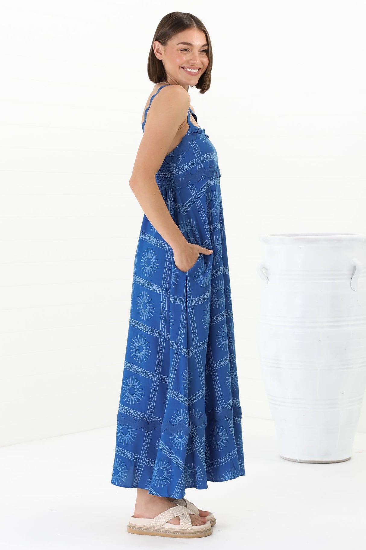 Bailie Maxi Dress - Rick Rack Detailed Sun Dress with Pockets Astra Print in Blue