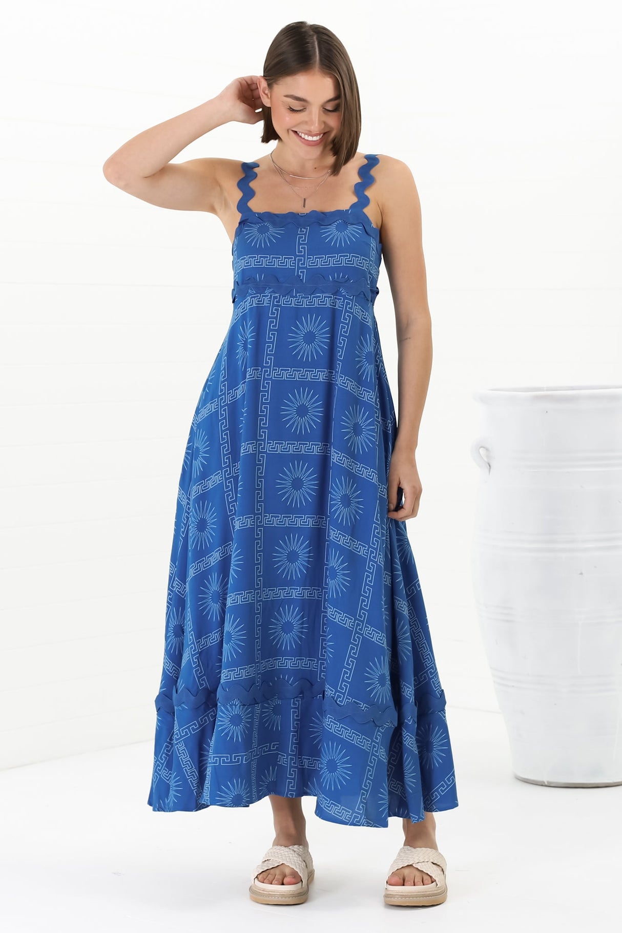 Bailie Maxi Dress - Rick Rack Detailed Sun Dress with Pockets Astra Print in Blue