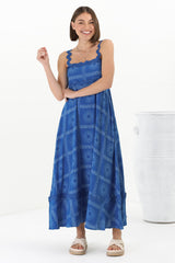 Bailie Maxi Dress - Rick Rack Detailed Sun Dress with Pockets Astra Print in Blue