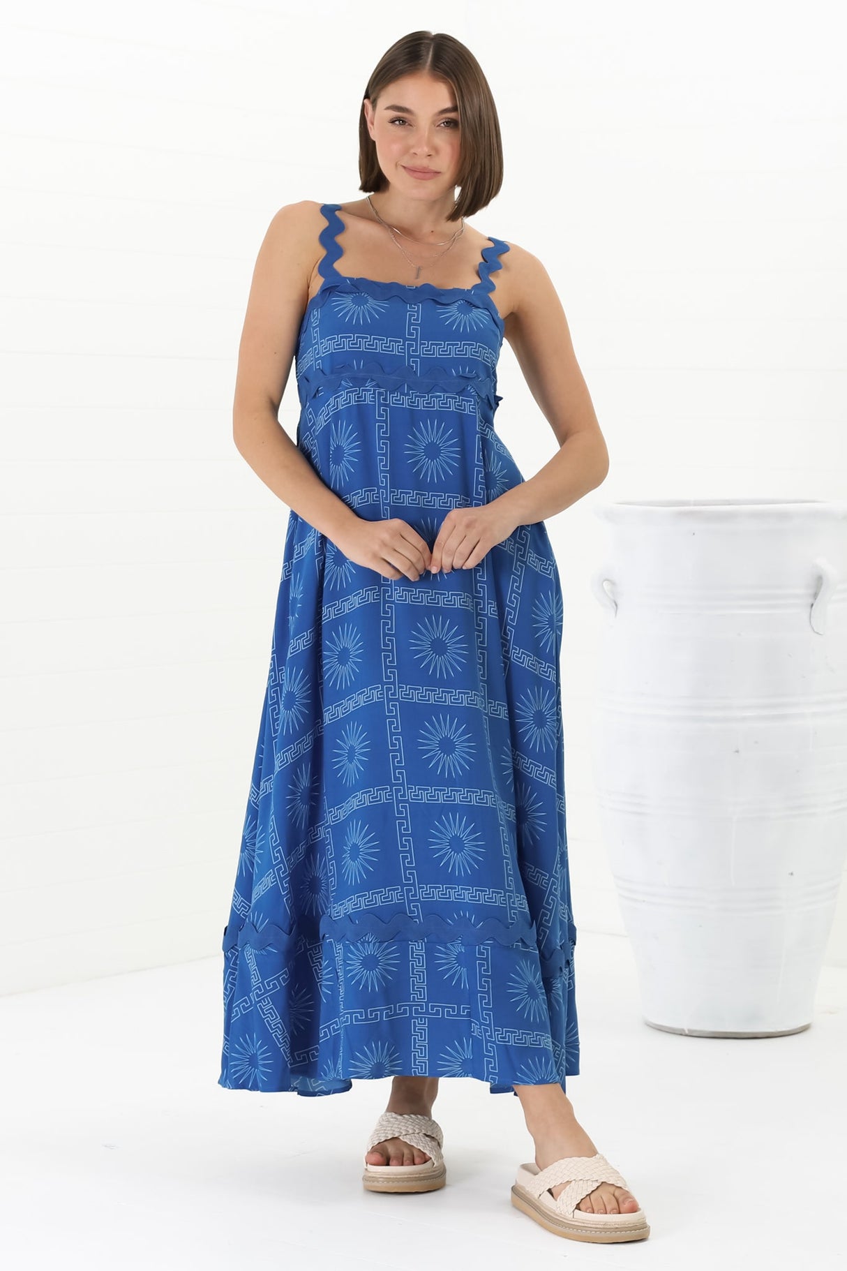 Bailie Maxi Dress - Rick Rack Detailed Sun Dress with Pockets Astra Print in Blue