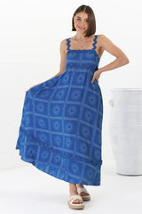 Bailie Maxi Dress - Rick Rack Detailed Sun Dress with Pockets Astra Print in Blue