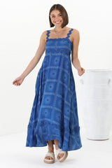 Bailie Maxi Dress - Rick Rack Detailed Sun Dress with Pockets Astra Print in Blue