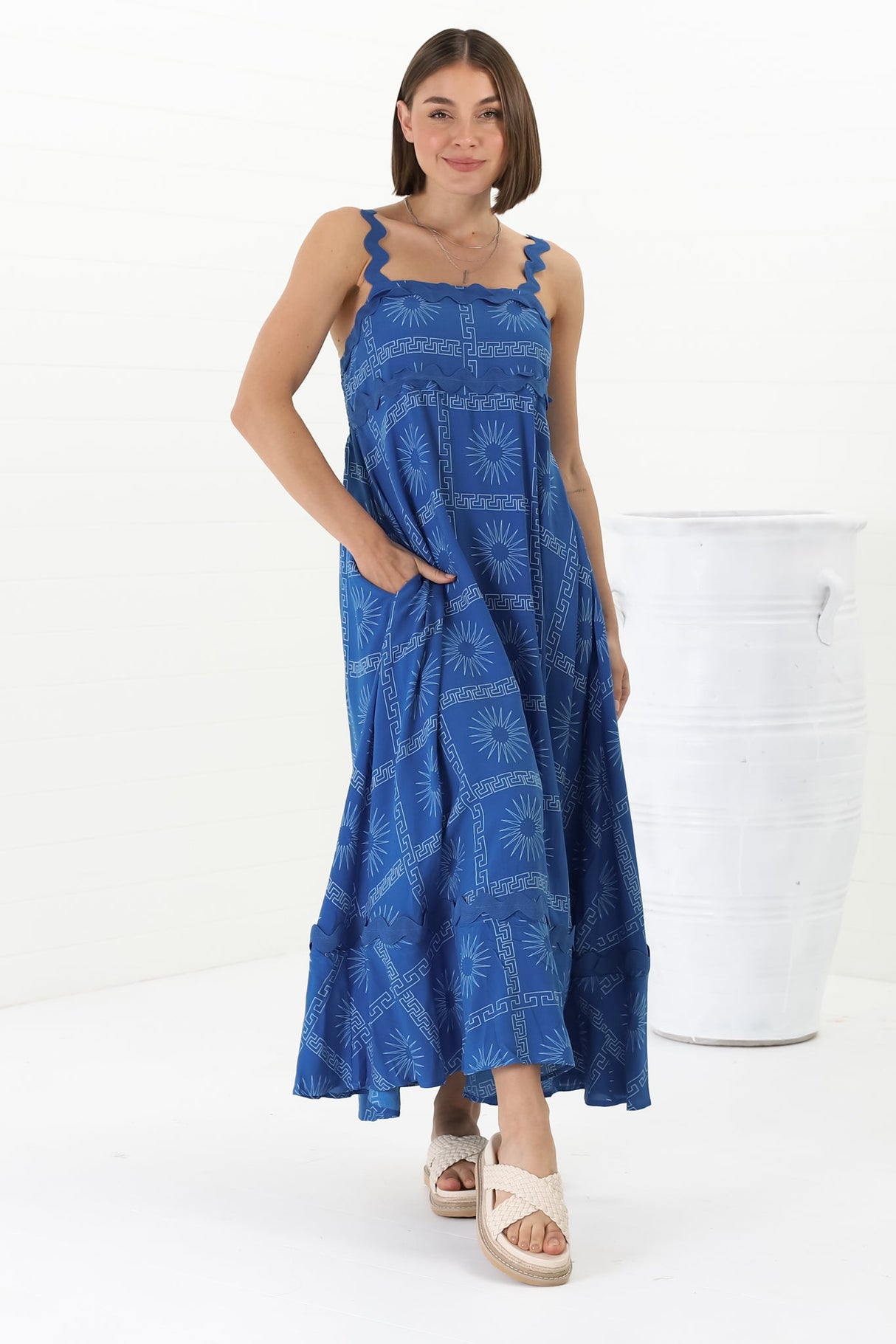 Bailie Maxi Dress - Rick Rack Detailed Sun Dress with Pockets Astra Print in Blue