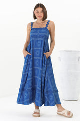 Bailie Maxi Dress - Rick Rack Detailed Sun Dress with Pockets Astra Print in Blue