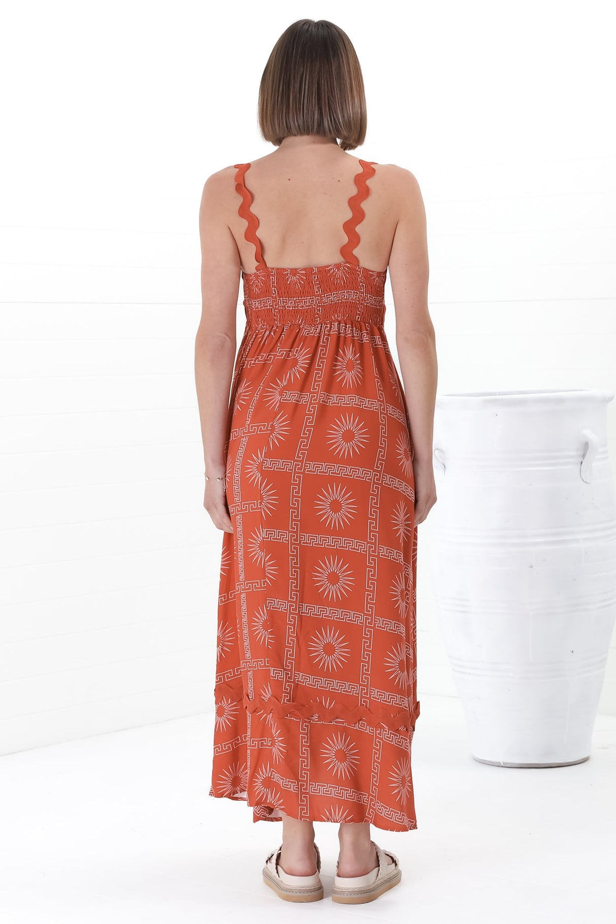 Bailie Maxi Dress - Rick Rack Detailed Sun Dress with Pockets Astra Print in Rust