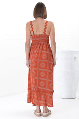 Bailie Maxi Dress - Rick Rack Detailed Sun Dress with Pockets Astra Print in Rust