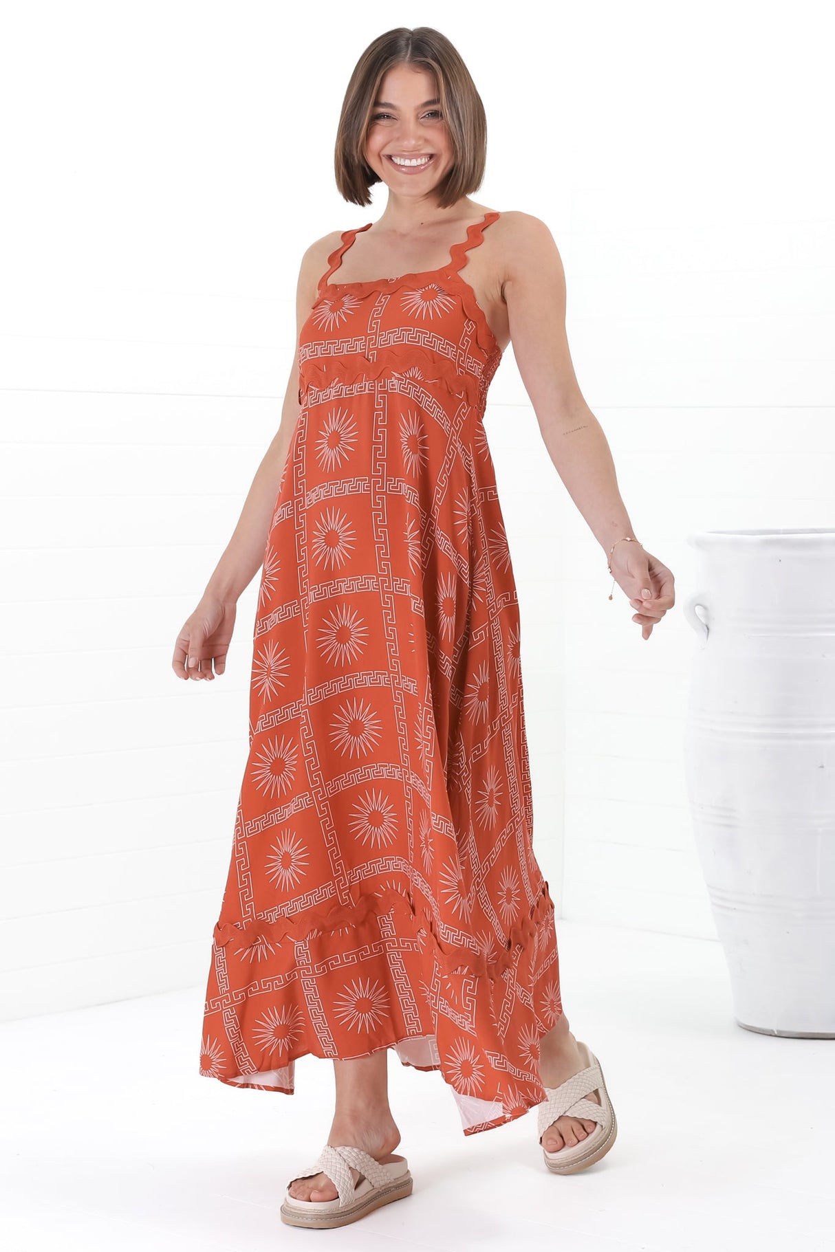 Bailie Maxi Dress - Rick Rack Detailed Sun Dress with Pockets Astra Print in Rust