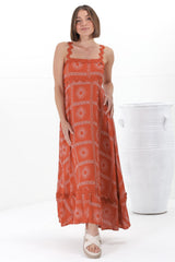 Bailie Maxi Dress - Rick Rack Detailed Sun Dress with Pockets Astra Print in Rust