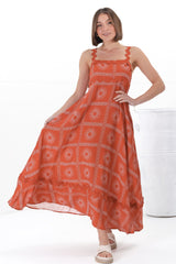 Bailie Maxi Dress - Rick Rack Detailed Sun Dress with Pockets Astra Print in Rust