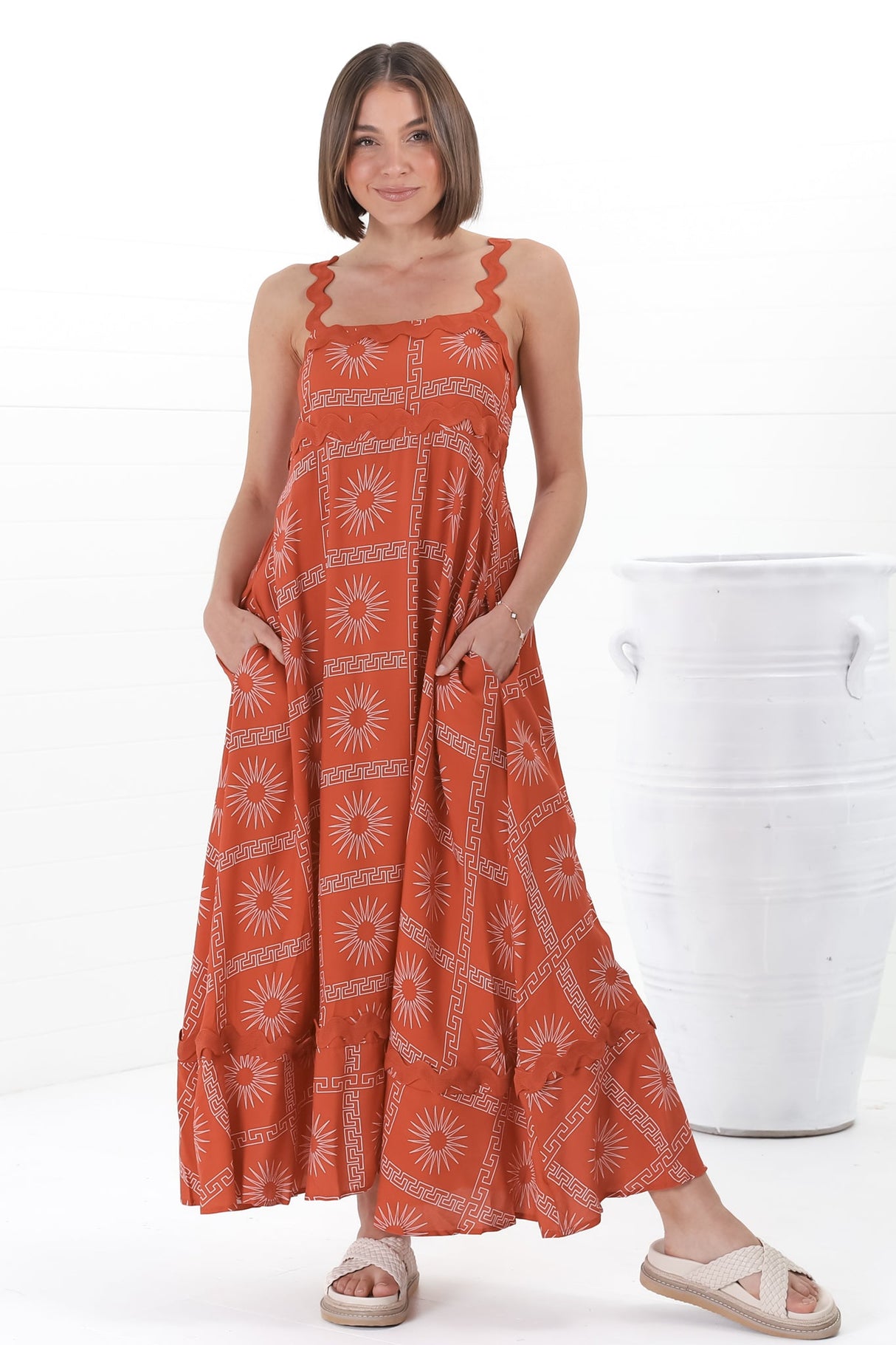 Bailie Maxi Dress - Rick Rack Detailed Sun Dress with Pockets Astra Print in Rust