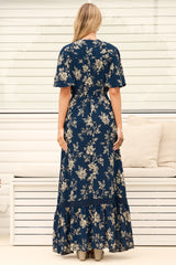 Model wearing Balenca Maxi Dress in Salvia Print Navy from Salty Crush